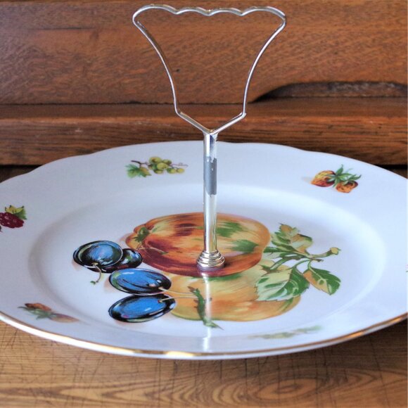 Porcelain Tidbit Plate Fruit Pattern Gold Trim 9 3/4"  MZ Czechoslovakia - Picture 4 of 4